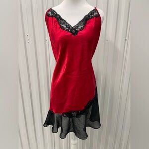 Y2K Red Black Sheer Asymmetric Satin Lace Trim Slip Dress XL Whimsigoth Vamp